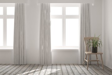 White cozy minimalist room with chair. Scandinavian interior design. 3D illustration