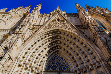 Barcelona, Catalonia, Europe, Spain, September 22, 2019. Details of the exterior Cathedral Holy Cross and Saint Eulalia. Was constructed from the 13th to 15th centuries in Gothic Quarter in Barcelona
