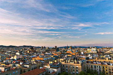 Fototapeta na wymiar Barcelona, Catalonia, Europe, Spain, September 22, 2019. Top panoramic view of the Barcelona landscape. Historical buildings in the background.