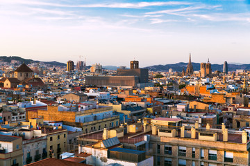 Obraz premium Barcelona, Catalonia, Europe, Spain, September 22, 2019. Top panoramic view of the Barcelona landscape. Historical buildings in the background.