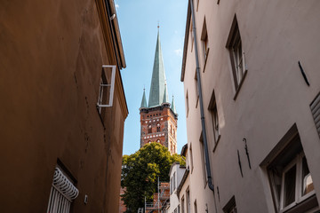 Medieval St. Peters Church Tower in Luebeck in sunny weather