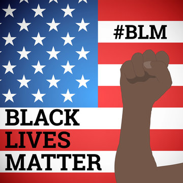 Black lives matter. BLM. Hashtag in social networks. Police violence. Fist. The inscription on the flag of the United States. Stock vector illustration poster against racism on a black isolated bg.