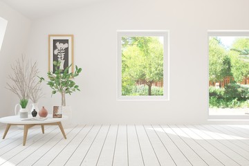 White stylish empty room with summer landscape in window. Scandinavian interior design. 3D illustration