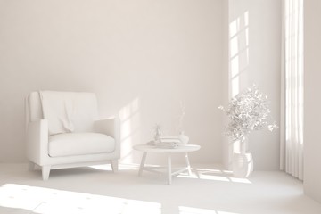 Stylish minimalist room with armchair in white color. Scandinavian interior design. 3D illustration