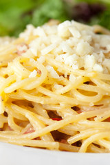 closeup of spaghetti carbonara on a plate