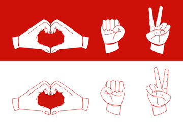 Belarus opposition symbols vector illustration. Heart, fist and victory hand gestures in red and white opposition flag colors. Protests in Belarus. Revolution symbols. Protest against Lukashenko.