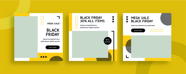 Set of editable templates for Instagram post, Facebook square frame, social media, advertisement, and business promotion, fresh design with yellow color and minimalist vector. (1/3) © 1stDay