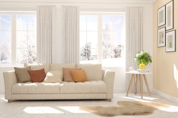 White stylish minimalist room with sofa and winter landscape in window. Scandinavian interior design. 3D illustration