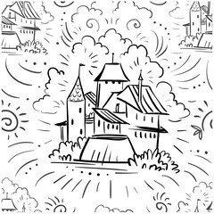 Fototapeta na wymiar Seamless pattern castle from tale - doodle castle town