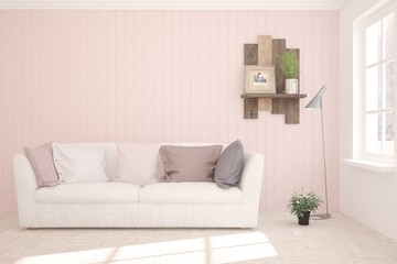 Pink stylish minimalist room with sofa. Scandinavian interior design. 3D illustration