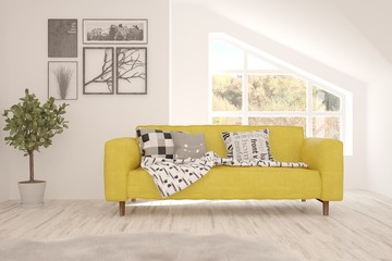 White stylish minimalist room with sofa and autumn landscape in window. Scandinavian interior design. 3D illustration