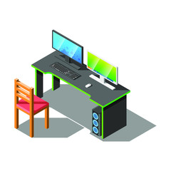 Abstract Isometric 3D Furniture Table Chair With Computer Gadget Equipment Appliances Element Vector Design Style Shadow