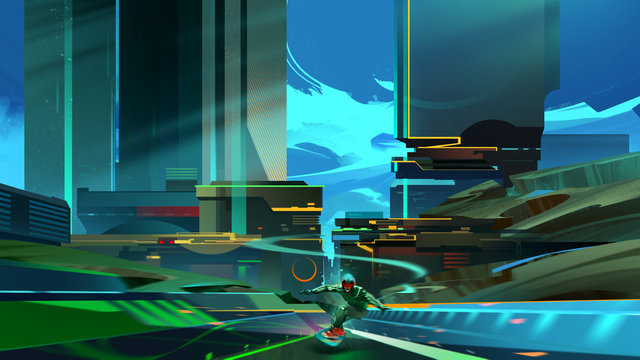 painted bright fantastic landscape with the city of the future and man