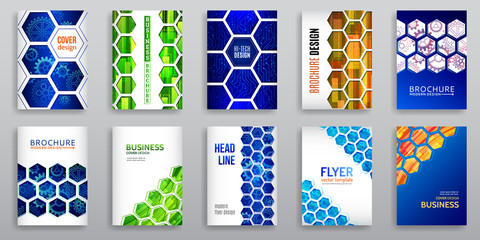 Abstract technology cover with hexagon elements. Set of High tech brochure design concept. Futuristic business layout. Digital poster templates. Sci fi pattern.