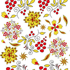 Folk art seamless monochrome pattern with flowers on a white background