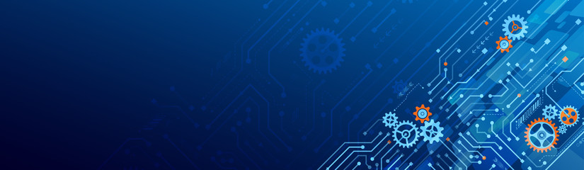 Hi tech circuit board design innovation concept. Abstract futuristic wide communication vector illustration. Sci fi technology on the blue background.