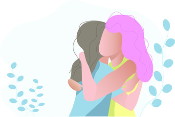 Two girls are hugging each other. The concept of the violence to women, helping women in difficult situations. Vector illustration