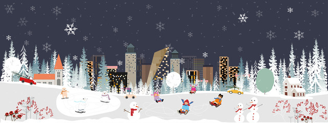 Panorama Winter landscape, Christmas and new year celebrating in the city, Vector of horizontal banner winter wonderland in the town with happy kids sledding and polar bear playing in the park