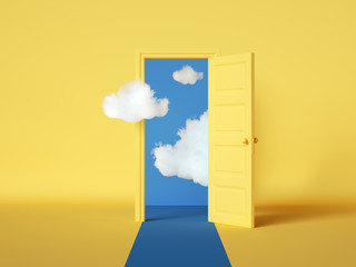 3d rendering, white clouds flying out and going through the open door, objects isolated on bright yellow background. Abstract metaphor, modern minimal concept. Surreal dream scene - obrazy, fototapety, plakaty