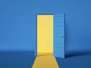3d render, yellow light inside the open door isolated on blue background. Room interior design element. Modern minimal concept. Opportunity metaphor.