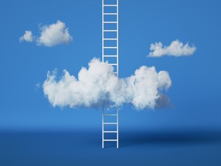3d render, abstract concept, ladder and white clouds isolated on blue background