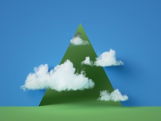 3d render, geometrical background with white clouds. Green triangular hole in the blue wall