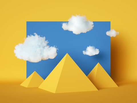 3d render abstract geometric landscape, simple cartoon yellow pyramids and white clouds in blue sky, paper craft scene