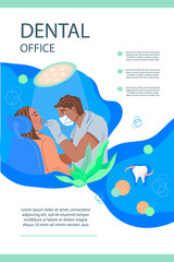 Dental office flyer or leaflet template with patient undergoes oral health exam in dentistry. Dental clinic poster or banner flat vector illustration.