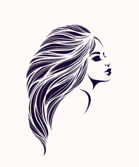 Beautiful woman with long, wavy hairstyle and elegant makeup.Hair salon and beauty studio logo.Cosmetics and spa icon.Young lady portrait isolated on light background.Profile view face.