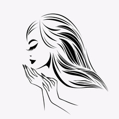 Beautiful woman with long, wavy hairstyle, elegant makeup and manicure.Hair salon, nails art and beauty studio logo.Cosmetics and spa icon.Young lady portrait isolated on white fund.Profile view face.