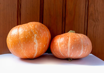 orange pumpkins lie behind a wooden background uncooked vegetables vegetarian lunch autumn time