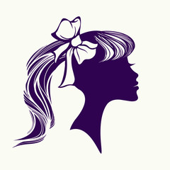 Beautiful girl with long, wavy ponytail hairstyle and ribbon bow.Hair salon and beauty studio logo.Fashion, cosmetics and spa icon.Young lady portrait isolated on light fund.Profile view face.