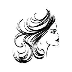 Beautiful woman with long, wavy hairstyle and elegant makeup.Hair salon and beauty studio logo.Cosmetics and spa icon.Young lady portrait isolated on white background.Profile view face.