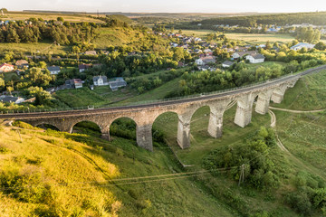 Aerial view of an old railway viaduct near Terebovlya village in Ternopil region, Ukraine.