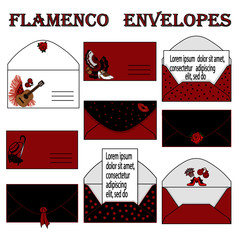 Large set of Flamenco envelopes with traditional polka dots ornament and flamenco dancer's attributes. Good for congratulations and invitations.