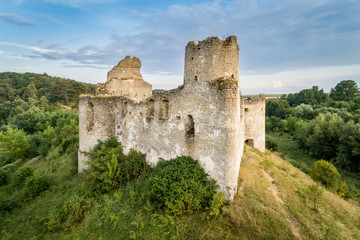 Fototapeta na wymiar Aerial view oа Sydoriv castle ruins in a rural countryside on Sydoriv village, Ternopil region, Ukraine.