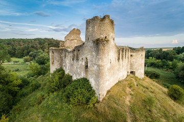 Fototapeta na wymiar Aerial view oа Sydoriv castle ruins in a rural countryside on Sydoriv village, Ternopil region, Ukraine.