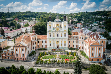 Naklejka na ściany i meble Aerial view of former jesuit collegium and monastery in Kremenets town, Ternopil region, Ukraine.