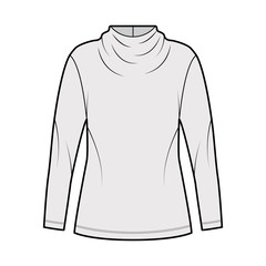 Top technical fashion illustration with elegant draped neckline, long sleeves, oversized, back button-fastening keyhole. Flat blouse apparel template front, grey color. Women men unisex shirt CAD