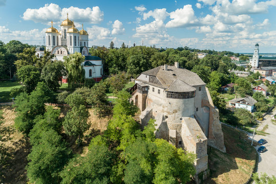 Aerial view of Ostroh Castle in Ostroh town, Rivne region, Ukraine.