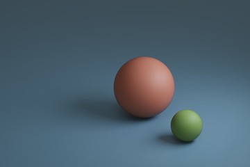 107/50003d render, two green and pink spheres with different sizes on blue background, copy space,