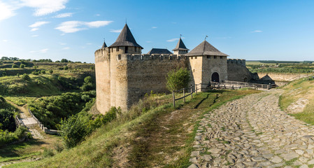 Fototapeta na wymiar Panoramic view of medieval Khotyn fortress in Khotyn village on a Dniestr river, Chernivtsi region, Ukraine.