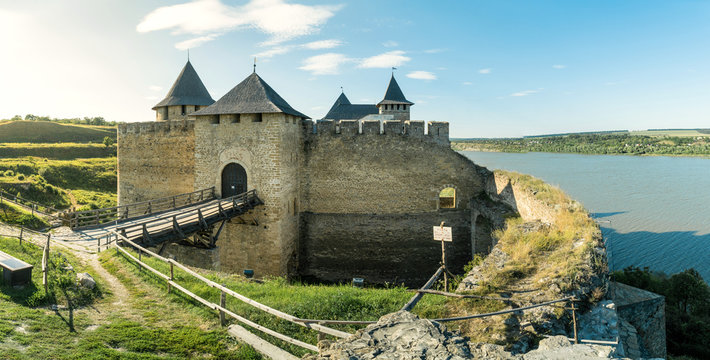 Panoramic view of medieval Khotyn fortress in Khotyn village on a Dniestr river, Chernivtsi region, Ukraine.