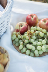 Picnic. Fruit in a basket, a blanket, baked goods in a basket in nature. Summer.