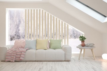 White stylish minimalist room with sofa and winter landscape in window. Scandinavian interior design. 3D illustration