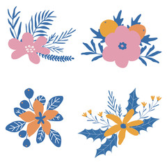 Modern bouquets set. Floral and herbal hand drawn illustration. Perfect for greeting card, branding, websites, social media, weddings, invites, packaging designs. Trendy colours. Yellow, blue, pink. 