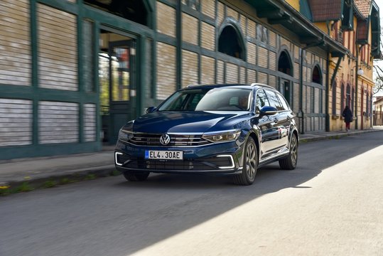 Volkswagen Passat GTE Variant, plug-in hybride. Car while driving. 04-16-2020, Middle Bohemia, Czech Republic.