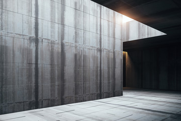 Contemporary gray gallery interior with empty wall.