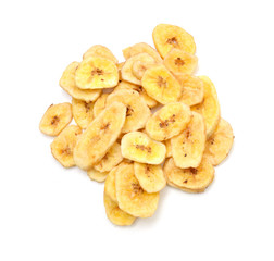 Banana chips on white background