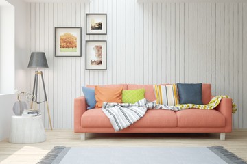 Fototapeta na wymiar White stylish minimalist room with colorful sofa. Scandinavian interior design. 3D illustration